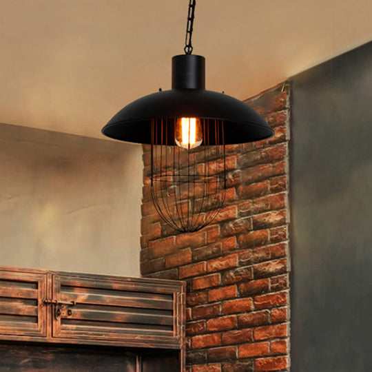 Black Dome Metal Suspension Light with Cage Shade - Nautical Farmhouse Pendant Lighting