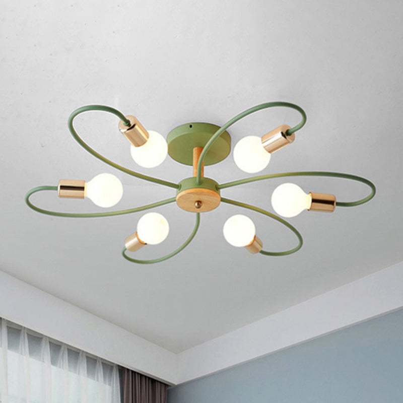 Metal Swirl Industrial Semi Flush Mount Lighting in Grey/Green - 3/6 Lights for Living Room Ceiling