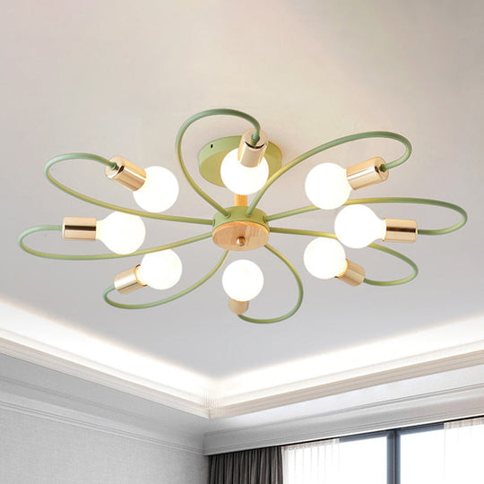 Metal Swirl Industrial Semi Flush Mount Lighting in Grey/Green - 3/6 Lights for Living Room Ceiling