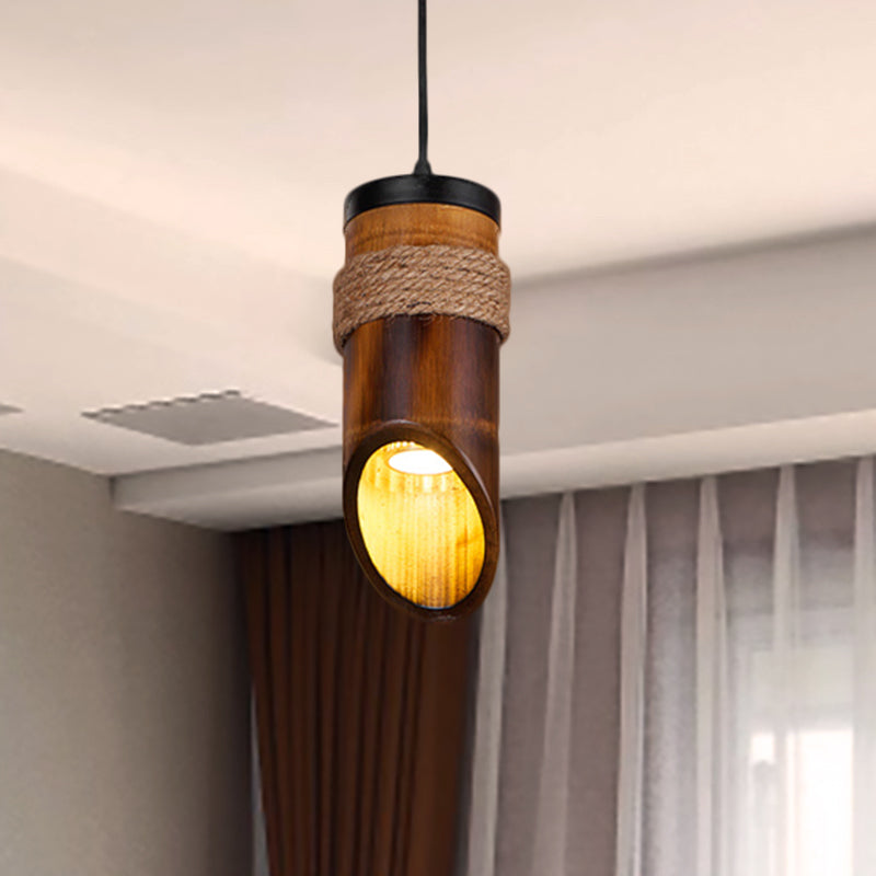 Bamboo Tubed Pendant Light - Height Adjustable With Rope For Ceiling 1 Bulb Lamp