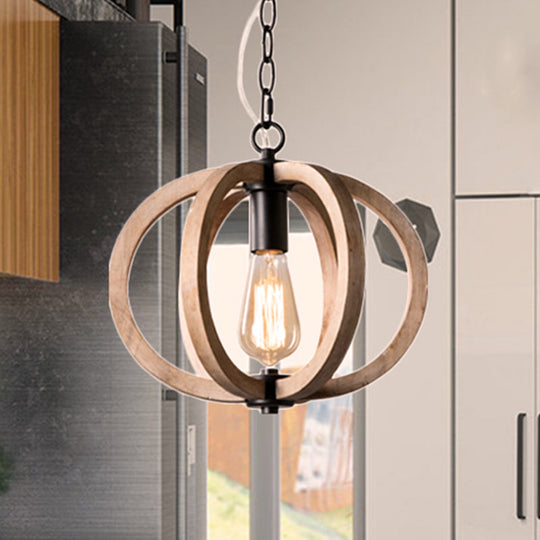 Adjustable Rustic Wood Pendant Lamp For Bedroom With Single Globe Light