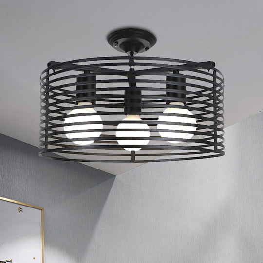 Black Drum Design Semi Flush Light - Vintage Retro Metallic 3-Head Foyer Flush Mount, 16"/16.5" W