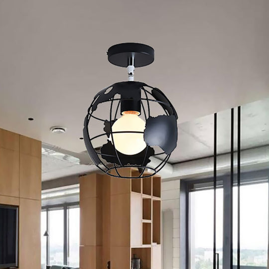 Industrial Black Cage Pendant Light for Corridor Ceiling - Semi Flush Globe/Oval Shape with Iron 1-Light