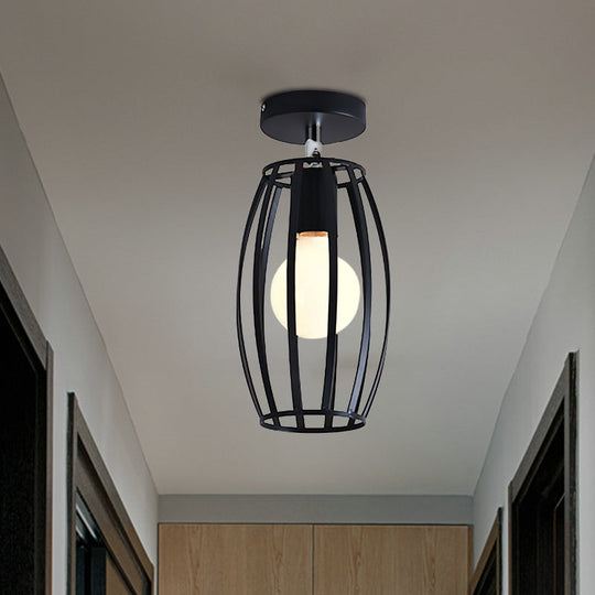 Industrial Black Cage Pendant Light for Corridor Ceiling - Semi Flush Globe/Oval Shape with Iron 1-Light