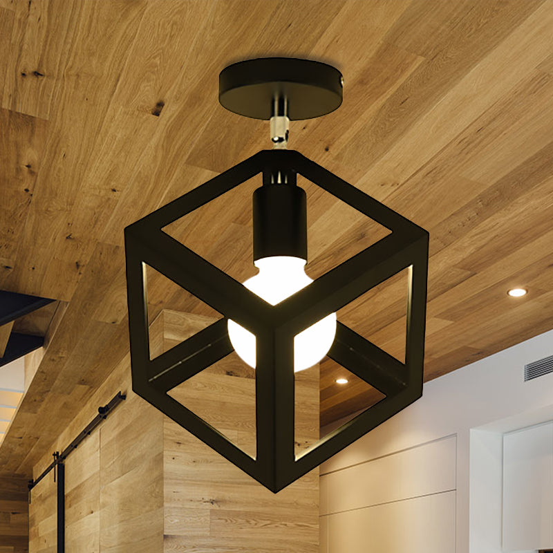 Industrial Black Cage Pendant Light for Corridor Ceiling - Semi Flush Globe/Oval Shape with Iron 1-Light