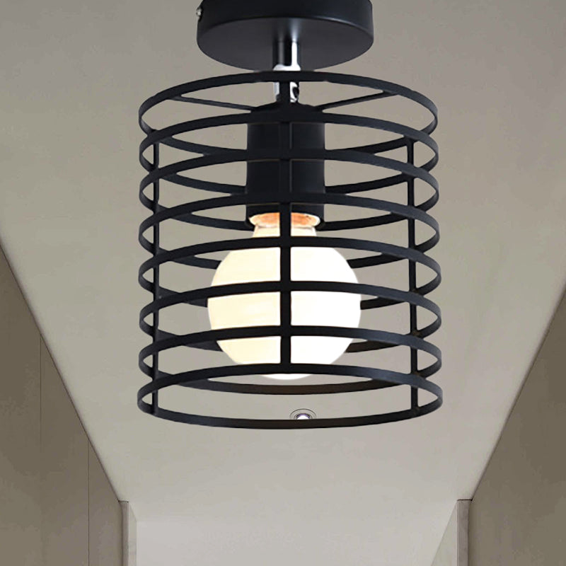 Retro Vintage Metal Cylinder/Drum Cage Semi-Flush Ceiling Light - Black Semi Flush Fixture With