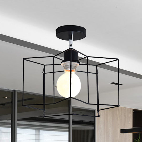 Retro Vintage Metal Cylinder/Drum Cage Semi-Flush Ceiling Light - Black Semi Flush Fixture with Rotatable 1-Head for Bedroom