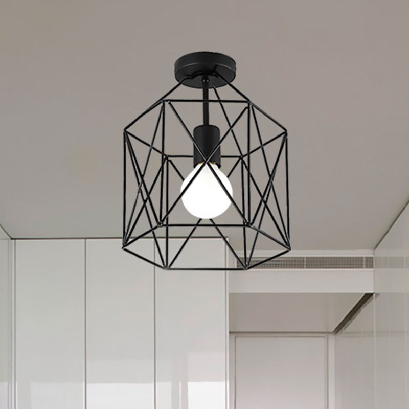 Geometric Cage Semi-Flush Ceiling Fixture - Industrial Black Metallic Finish - Balcony Lighting