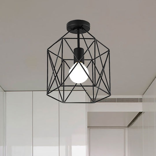 Geometric Cage Semi-Flush Ceiling Fixture - Industrial Black Metallic Finish Balcony Lighting