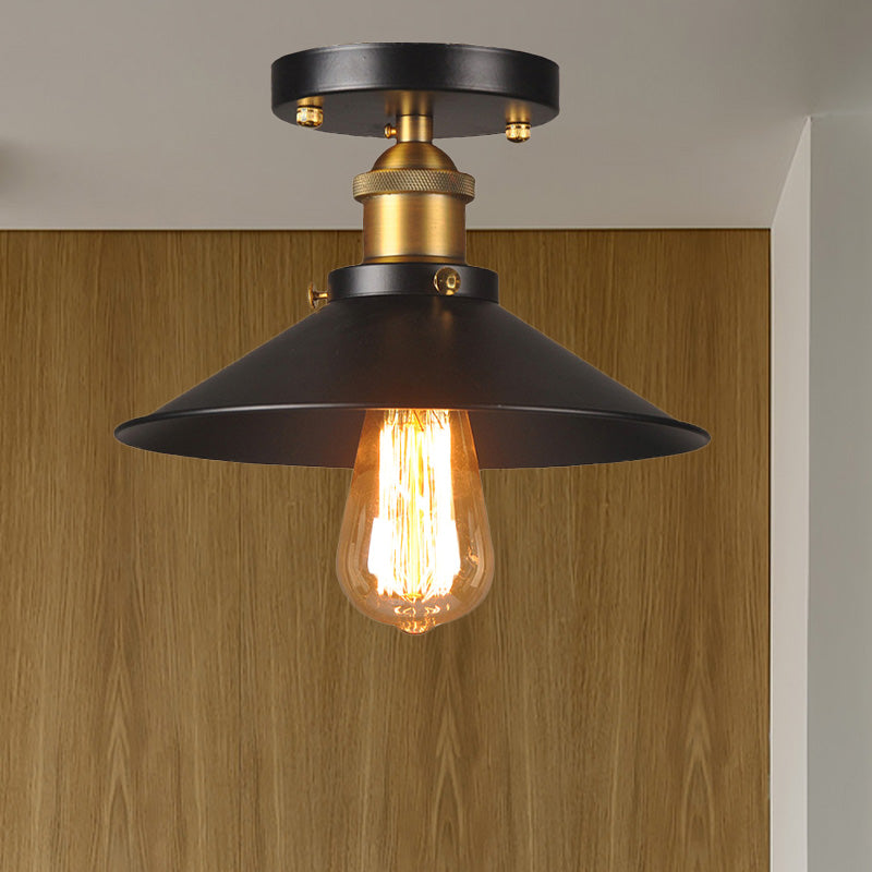 9.5-10 Dia Flat Shade Ceiling Mounted Light: Industrial Metallic Single Head Flush Light In Black