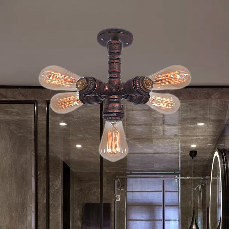 Copper Sputnik Semi Mount Ceiling Lamp with Water Pipe Farmhouse Wrought Iron - 5 Bulbs