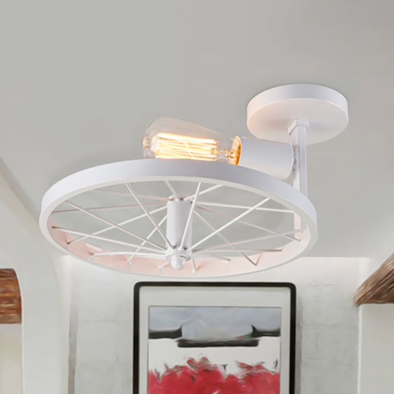 Semi-Flush Ceiling Light with Exposed Bulb, Industrial Wheel Design in White/Red Metallic