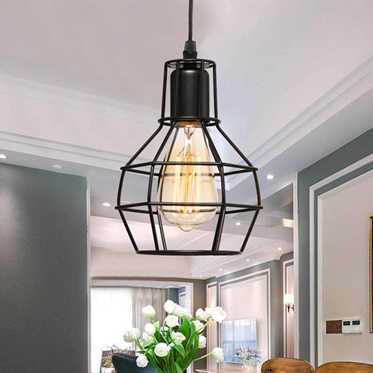 Retro Loft Black Metal Hanging Ceiling Light with Globe Cage Shade - Plug-In Suspension Light