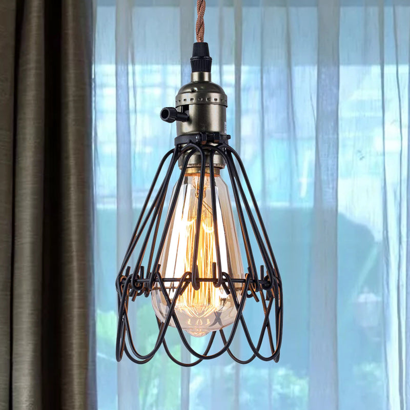 Rustic Industrial Pendant Lighting - Open Caged Metal Black Finish 1-Bulb Hanging Light For Living