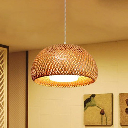 Rustic Bamboo Double-Decker Dome Hanging Pendant: Farmhouse Restaurant Light Fixture