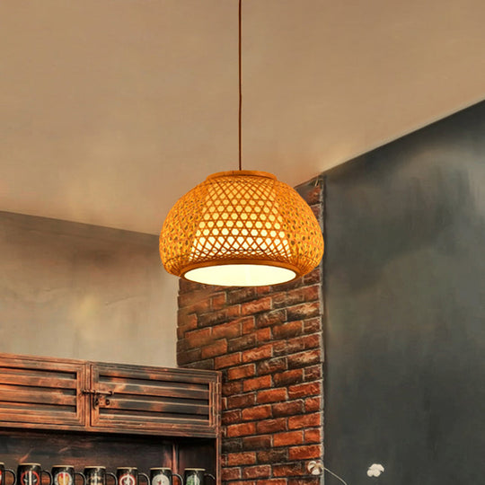 Bamboo Lantern Pendant Light With Hand-Knitted Design For Asian Restaurants - Paper Interior Shade