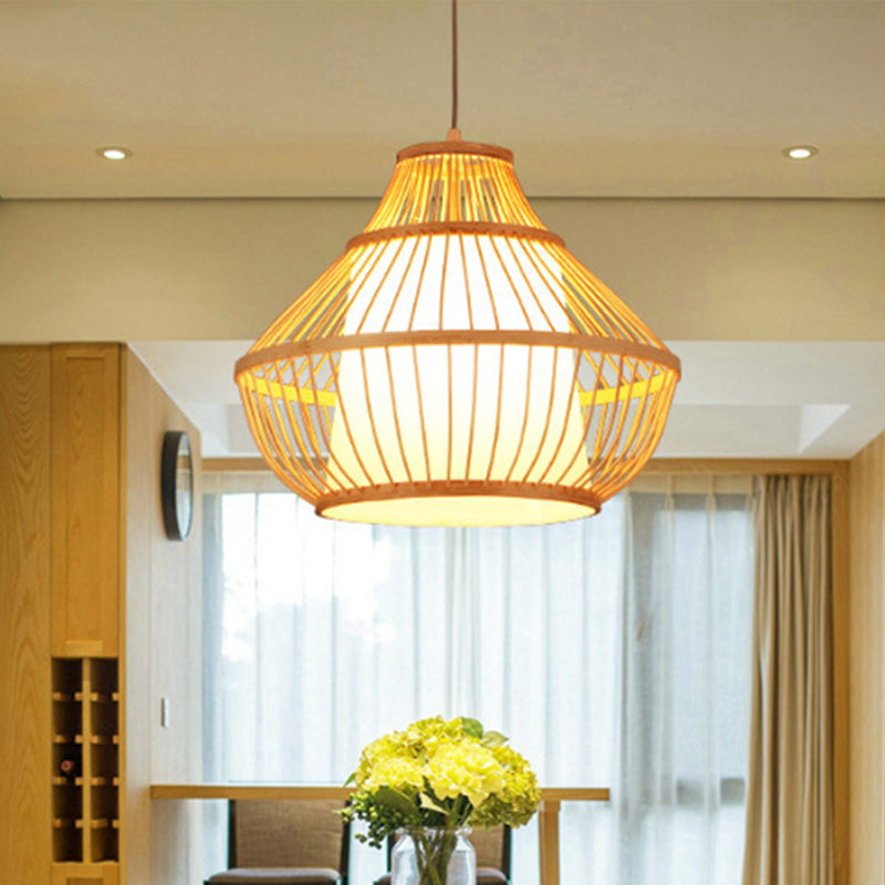 Asian Bamboo Lantern Pendant Light - Single Bulb Hanging Lamp For Restaurants (16/18 Diameter)