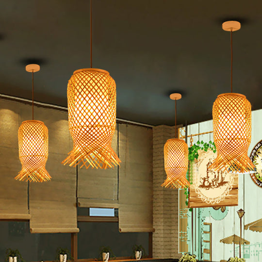 Bamboo Lantern Pendant Light For Restaurant In Beige