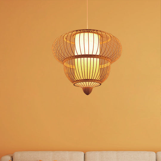 Restaurant Asian Bamboo Hanging Pendant Light Beige Lantern Style - Single Head 16/19.5 Diameter