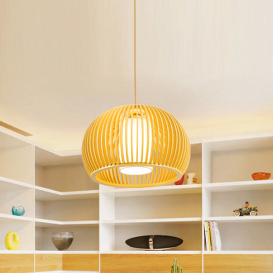 Modern Asian Pendant Light: Wooden Dome Shade For Restaurant Dining Room