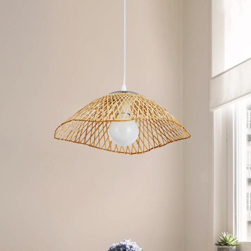 Hand-Knitted Bamboo Pendant Light - Asian Style 1 Head Beige Hanging Lamp For Living Room 14/18 W