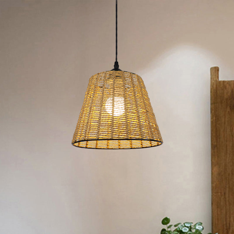 Modern Woven Rattan Pendant Lamp - Beige Bucket Hanging Light Fixture 1-Light Indoor