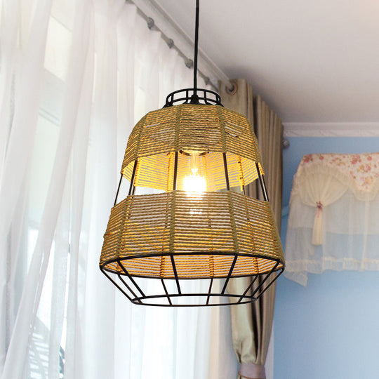 Chinese Straw Rope Barrel Metal Cage Hanging Lamp - 1-Light Beige Drop Ceiling Light Ideal For