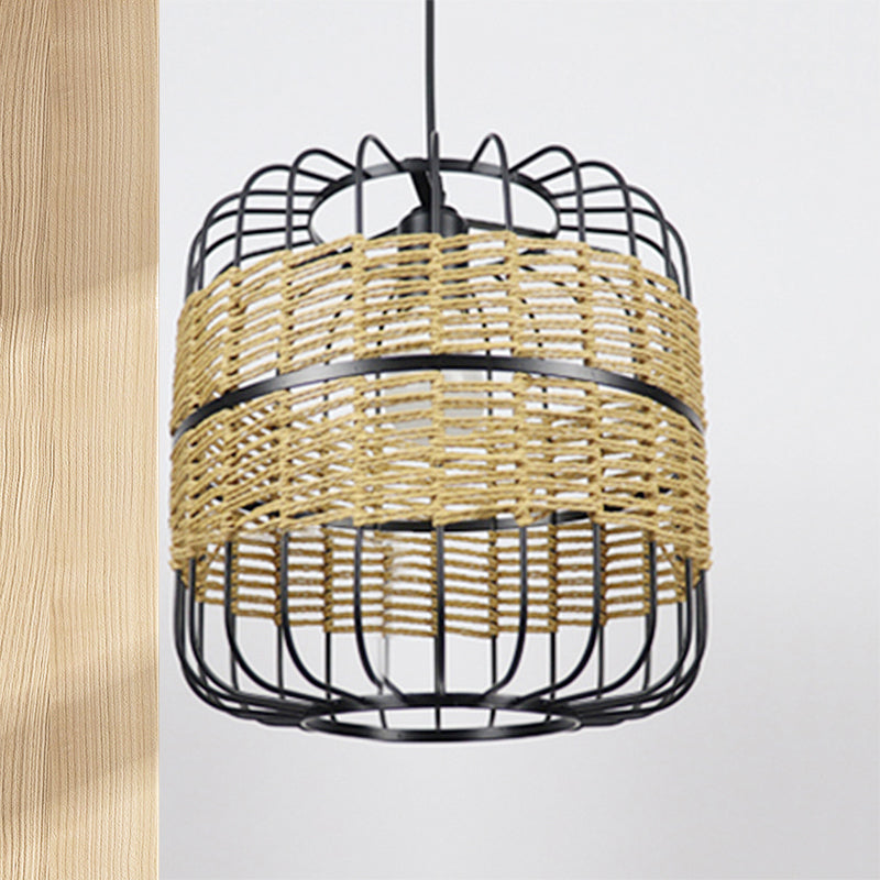 Modern Straw Rope 1-Light Beige Metal Cage Pendant Lamp For Bedroom & Restaurant