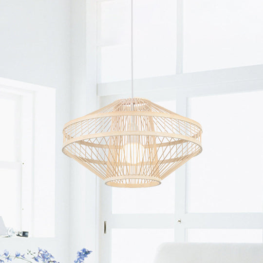 Bamboo Modernist Style Ceiling Fixture - Flying Saucer Design 16/19.5 Width 1-Bulb Wood Pendant Lamp