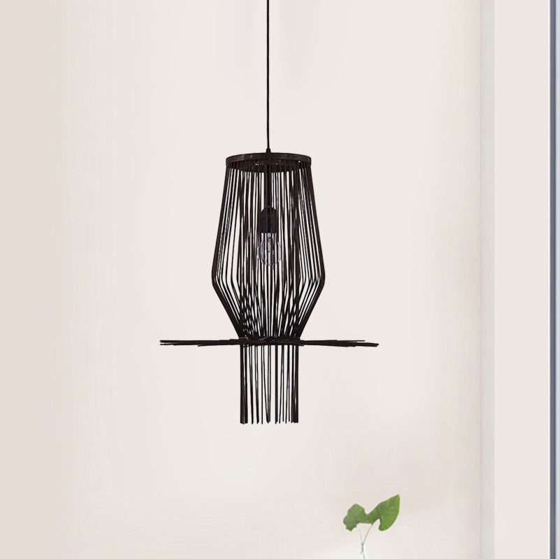 Hand-Woven Hanging Bamboo Pendant Lighting - Modern Style, 1-Bulb, Black