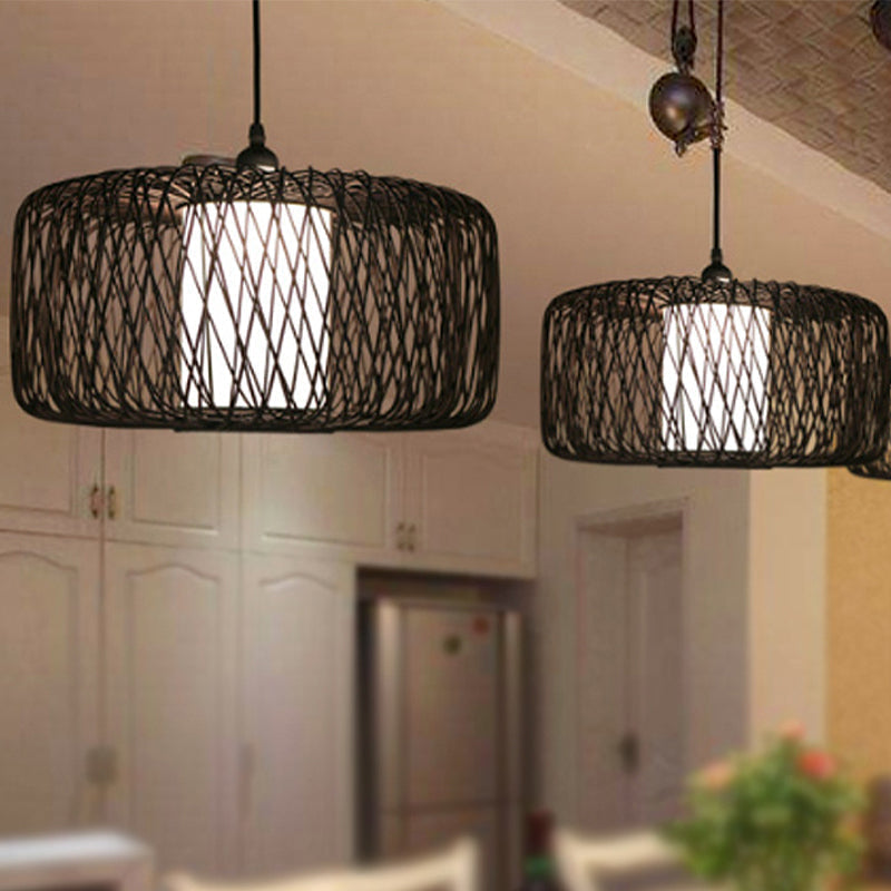 1-Light Restaurant Hanging Bamboo Drum Pendant Lamp, 16"/23.5" Wide, Black Shade Fixture