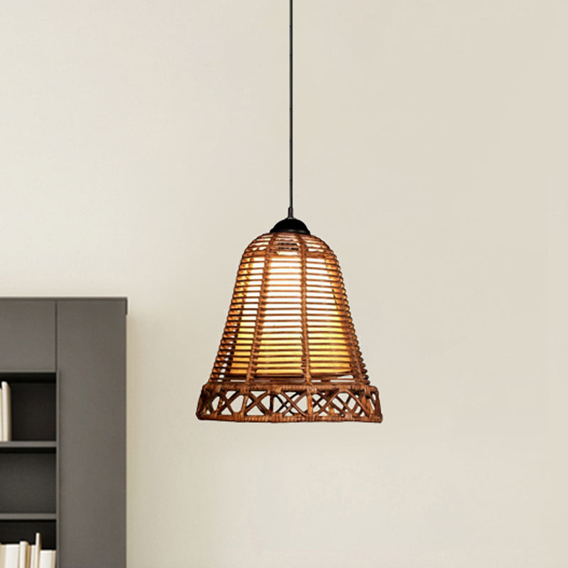 Rustic Rattan Bell-Shaped Hanging Light: Beige 1-Head Drop Light For Living Room & Restaurant