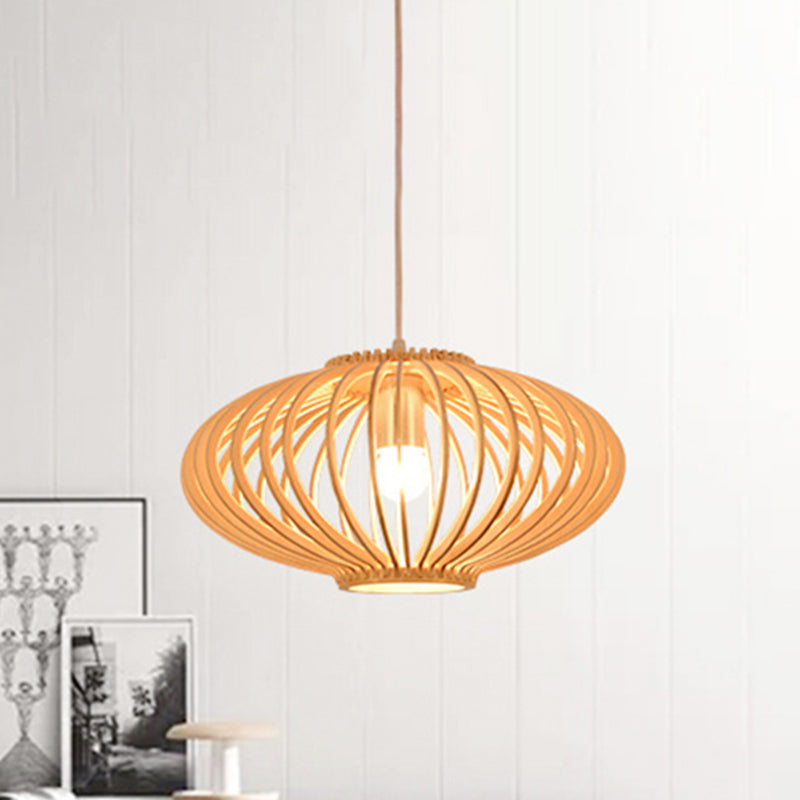 Contemporary Wooden Lantern Pendant Light In Beige For Living Room