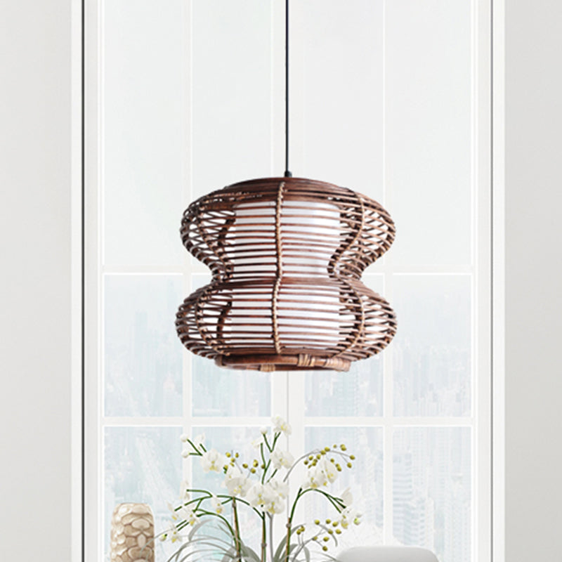 Asian Style Bamboo Pendant Light With Inner Shade - Brown Gourd Hanging Fixture For Living Room