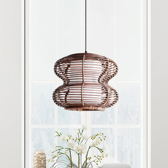 Asian Style Bamboo Pendant Light With Inner Shade - Brown Gourd Hanging Fixture For Living Room