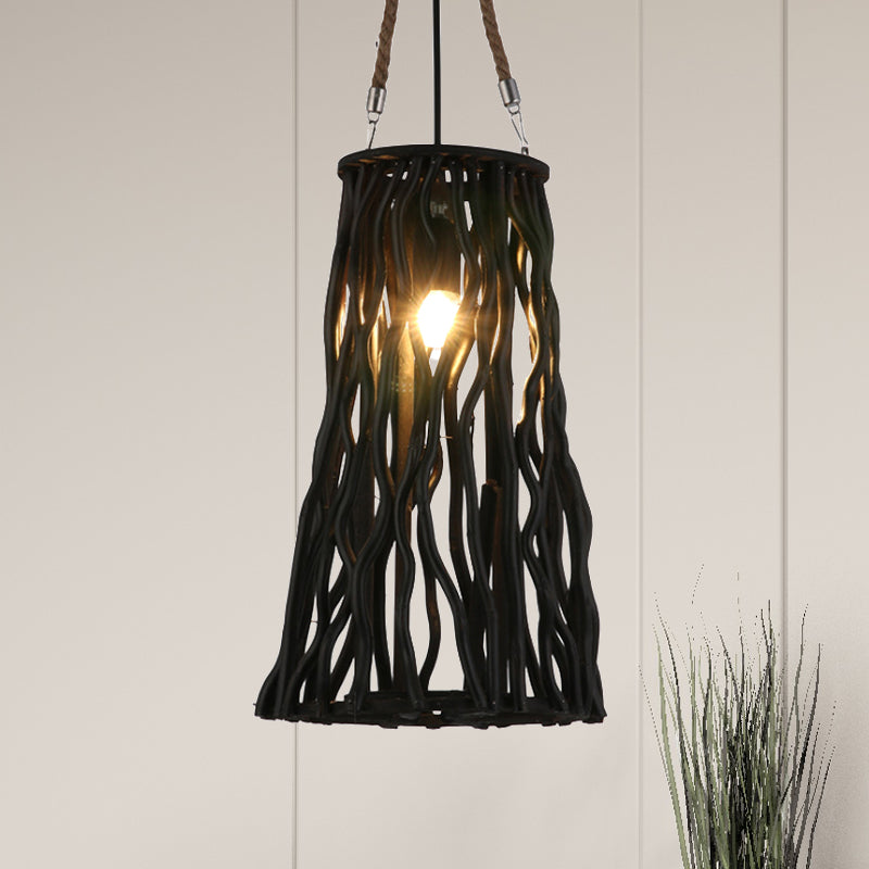 Rustic Pendant Ceiling Light - Barrel/Cone/Globe Design Wood Finish 1 Bulb Black Perfect For Dining