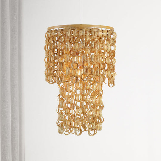 Chinese Tassel Bamboo Drop Pendant Hanging Lamp - Single Light Beige 16/19.5 Wide Dining Room