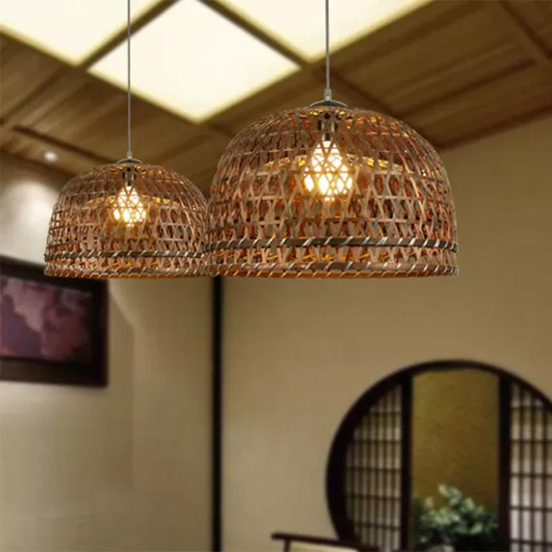 Modern Style Bamboo Pendant Lamp With Brown Wood Dome Shade - 13/21 Dia Ideal For Restaurants