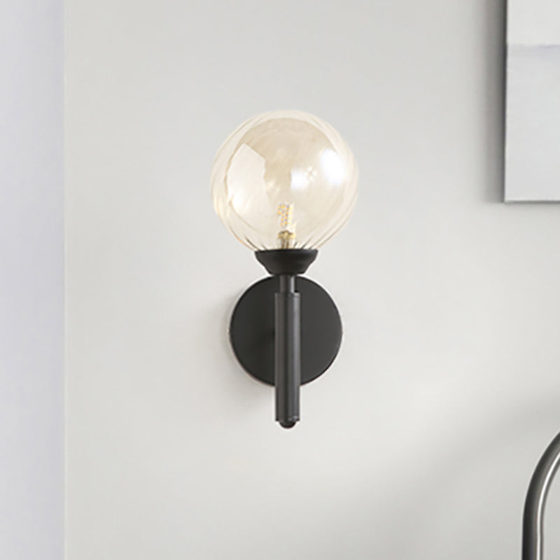 Modern Round 1-Light Black Sconce Light - Textured Glass Wall Lamp For Bedroom