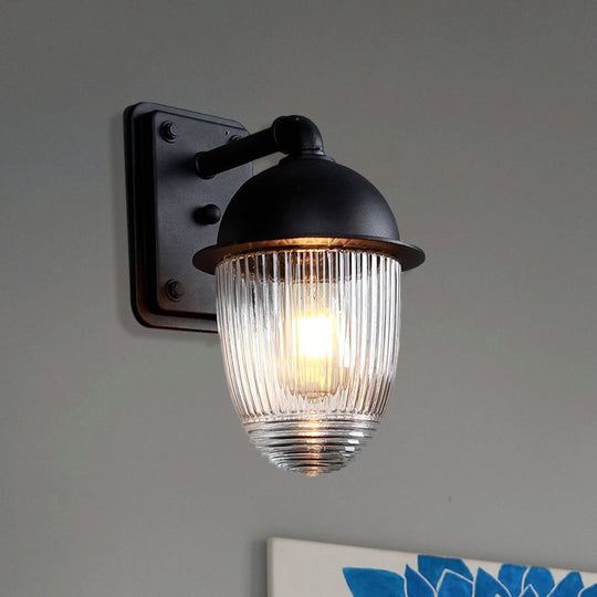 Industrial Ribbed Glass Black Sconce Light Thick Jelly Jar Wall Lamp 1-Light Fixture 5/6 Wide