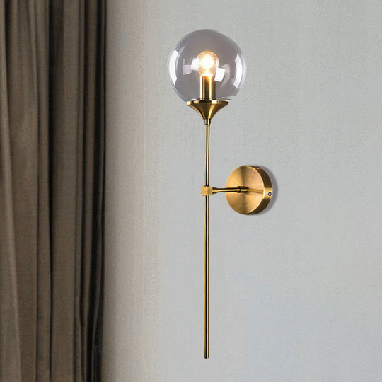 Brass Globe Shade Wall Sconce - Modern Single Bulb Clear/Grey/Amber Glass Light For Bedroom