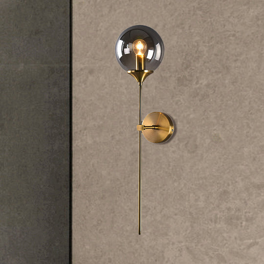 Brass Globe Shade Wall Sconce - Modern Single Bulb Clear/Grey/Amber Glass Light For Bedroom