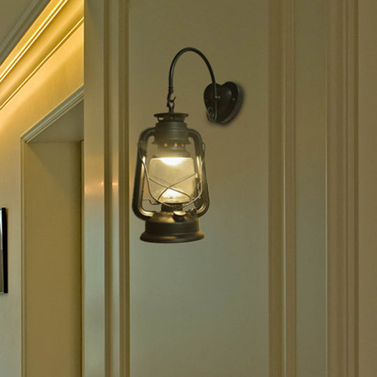 Coastal Lantern Wall Sconce: 1-Bulb Clear Glass Light In Black/Bronze/Copper For Corridor