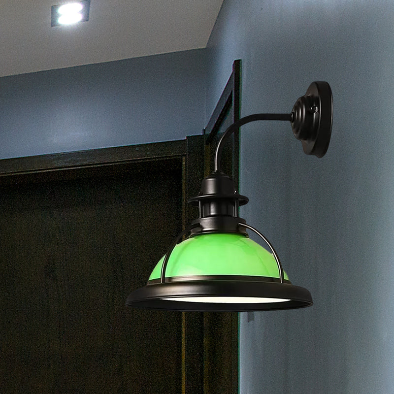 Industrial Single Bulb Glass Wall Mounted Lamp - Dome White/Green Bedroom Sconce Light In Black