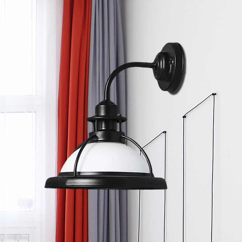 Industrial Single Bulb Glass Wall Mounted Lamp - Dome White/Green Bedroom Sconce Light In Black