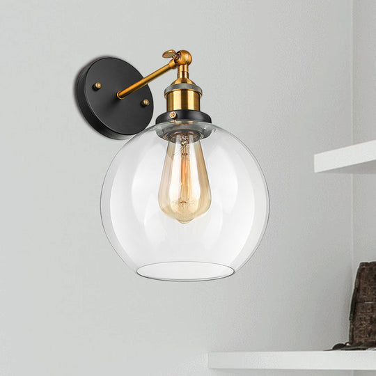 Sleek Spherical Brass Wall Light Fixture With Clear Glass - Industrial Style 1-Light Sconce Lamp For