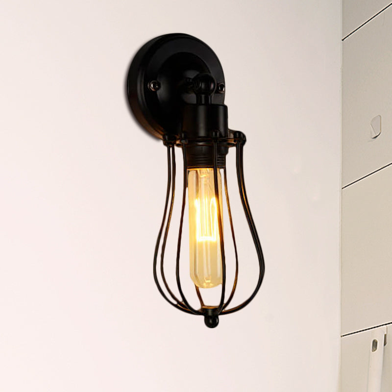 Vintage Industrial 1/2-Light Metal Bulb Wall Sconce With Cage Shade For Restaurants - Black/Nickel