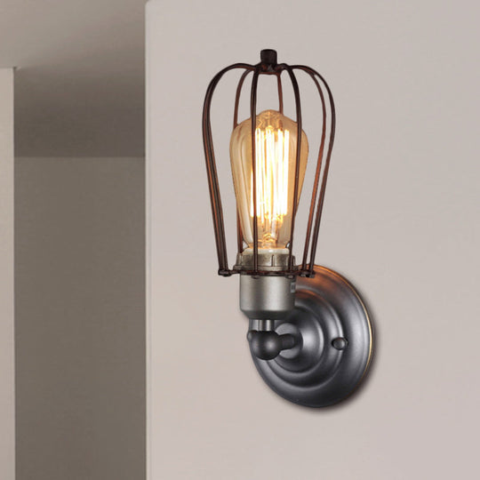 Vintage Industrial 1/2-Light Metal Bulb Wall Sconce With Cage Shade For Restaurants - Black/Nickel