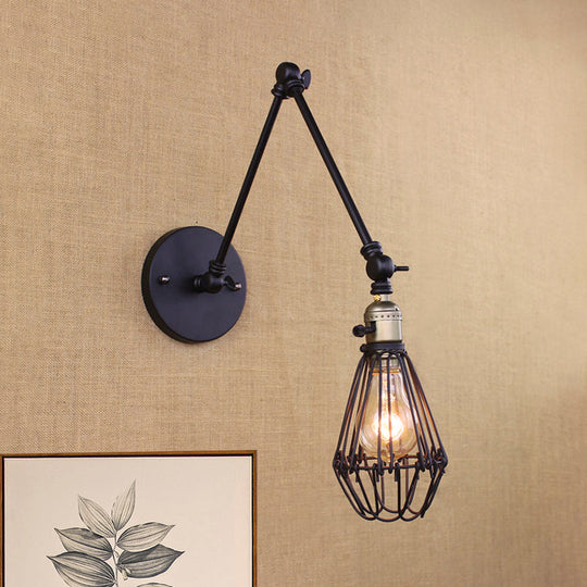 Wrought Iron Wire Cage Wall Sconce Light - Farmhouse Style Adjustable Arm Bronze/Brass Finish