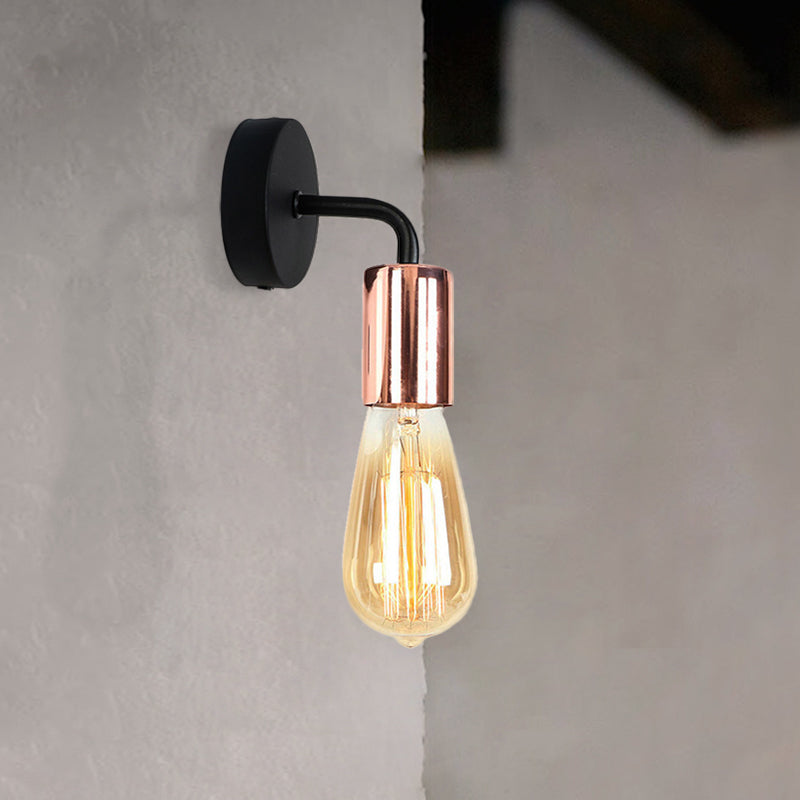 Industrial-Style Brass/Copper Open Bulb Sconce Light With Curved Arm - Metal Bedside Wall Lighting